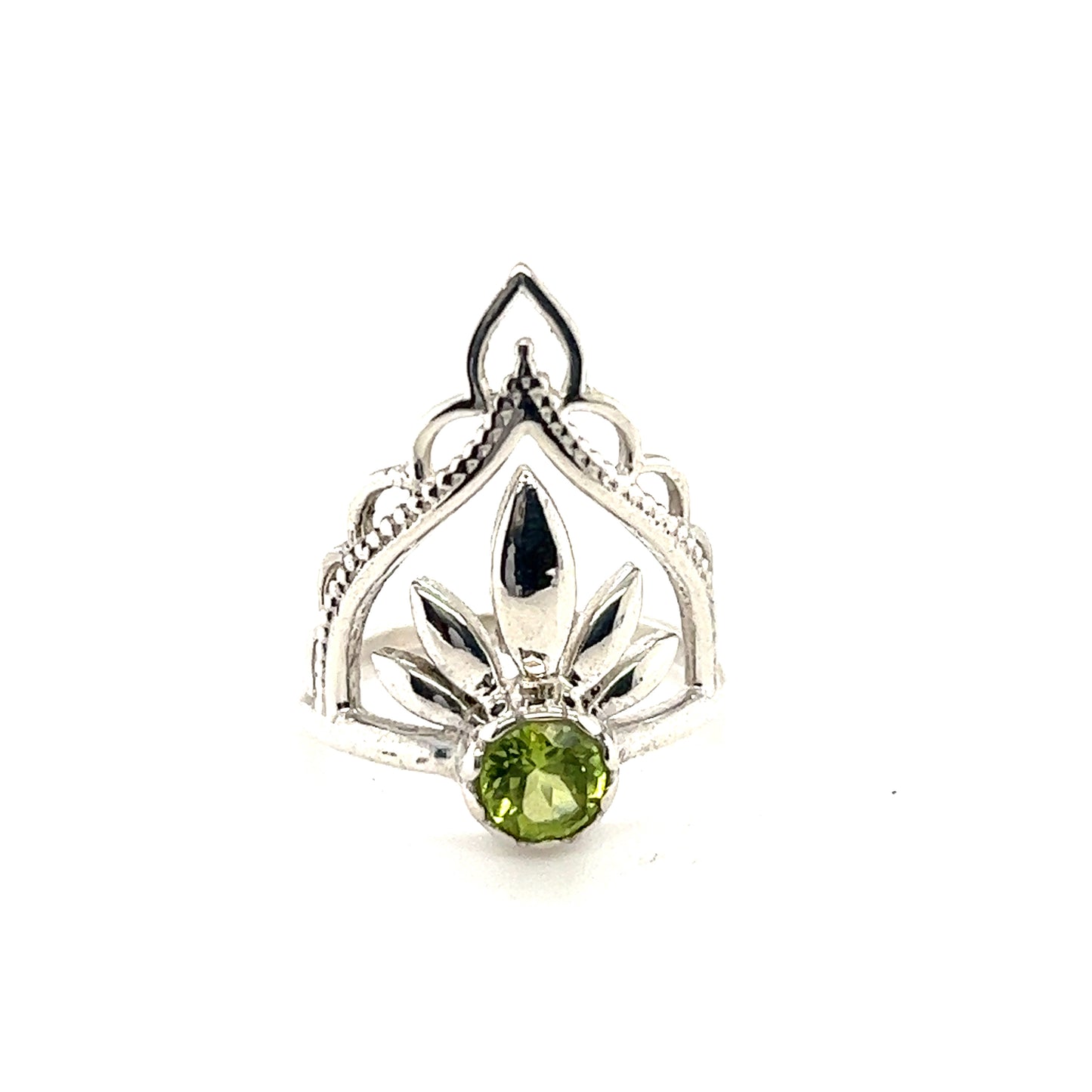 
                  
                    This Mandala Flower Crown Ring with Natural Gemstones by Super Silver features a sterling silver band adorned with a vibrant peridot stone, showcasing the natural beauty of gemstones.
                  
                