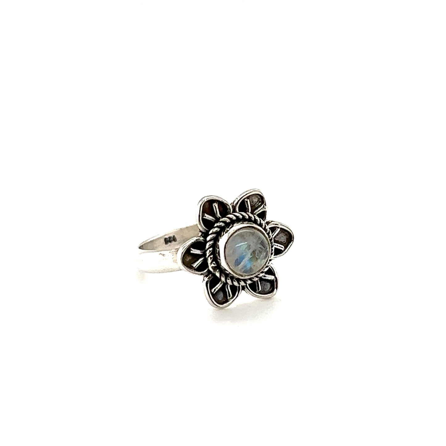 
                  
                    An Enchanting Flower Ring with Natural Gemstones with a labradorite stone.
                  
                