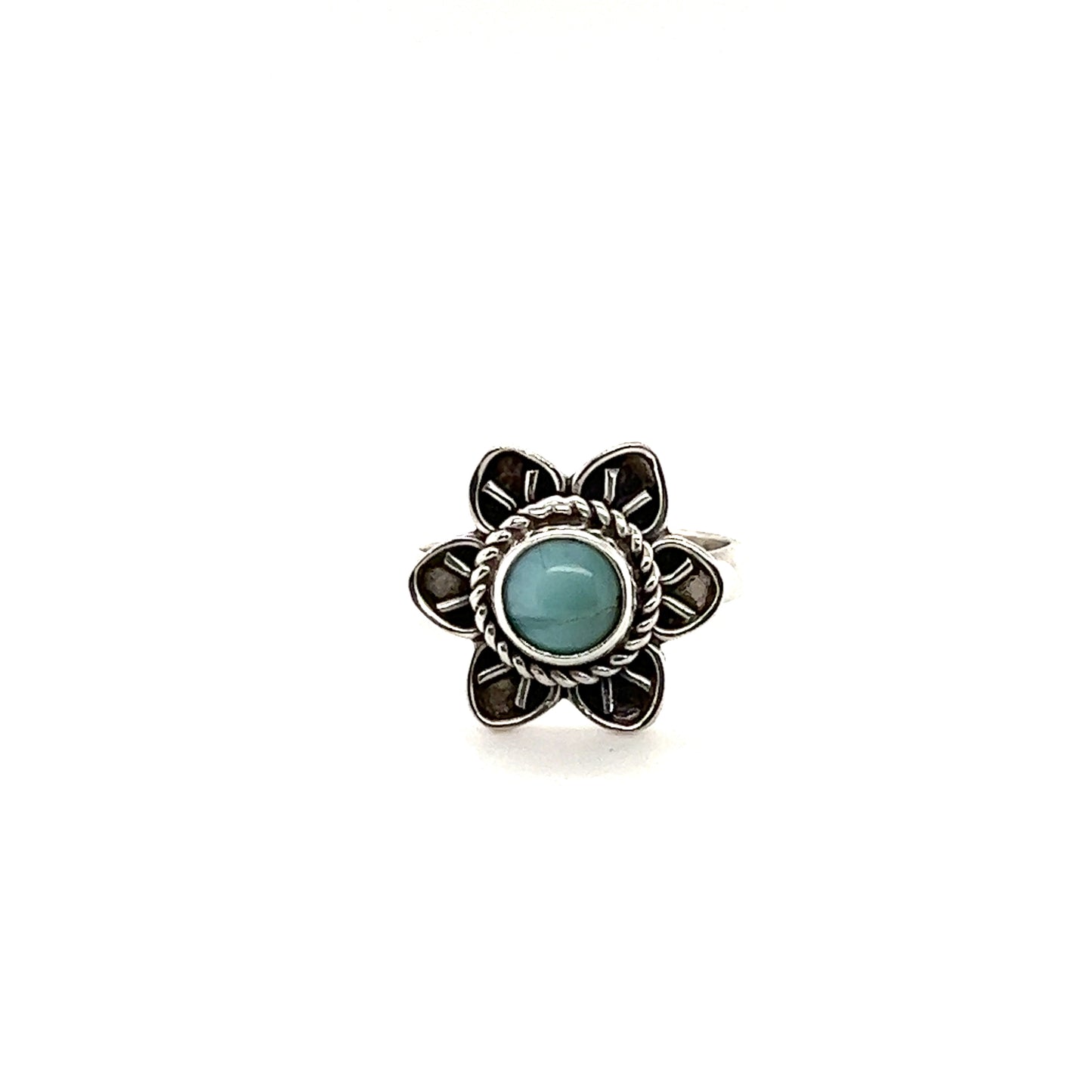 
                  
                    An Enchanting Flower Ring with Natural Gemstones from Super Silver with a turquoise stone and silver petals.
                  
                