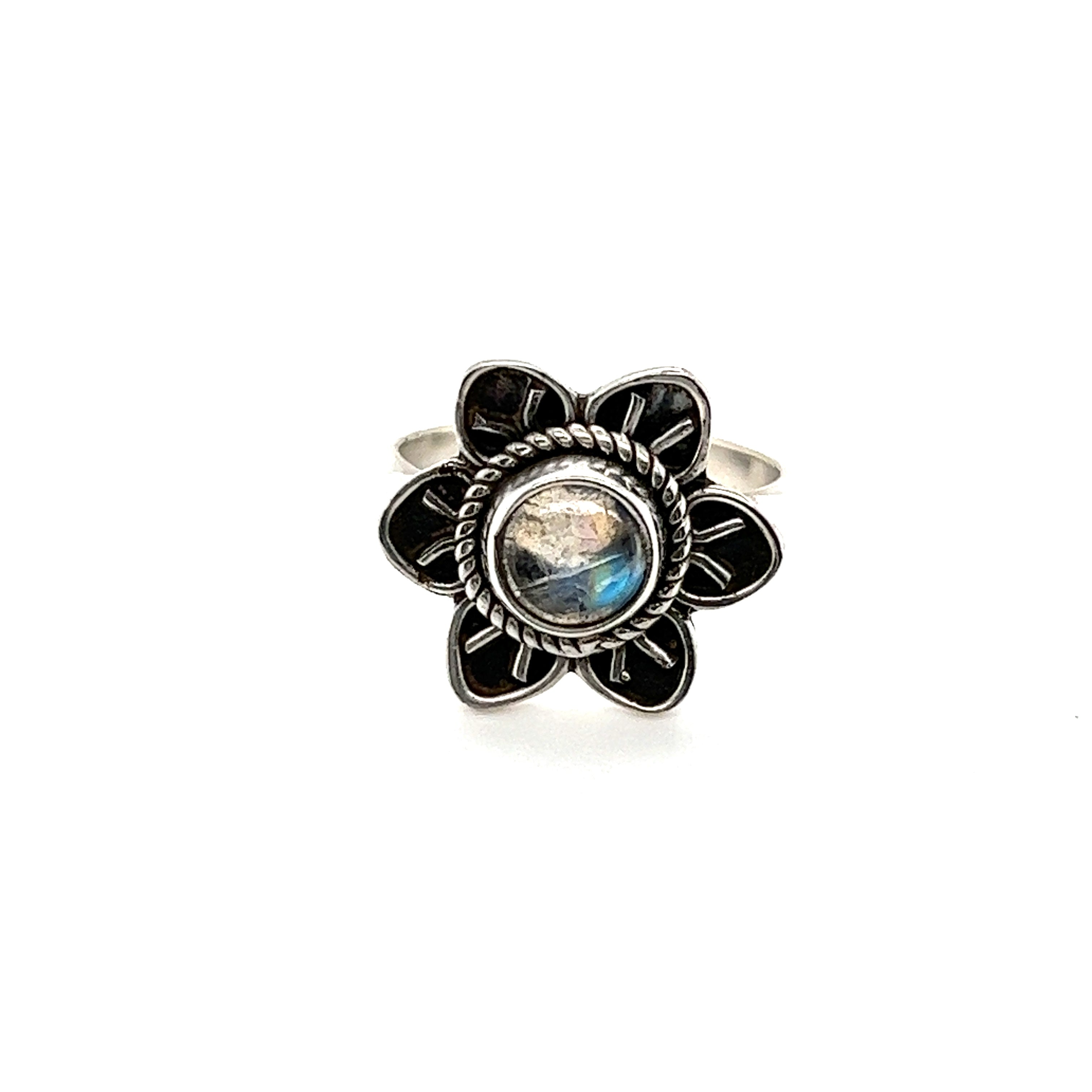 Enchanting Labradorite Flower Ring with Natural Gemstones in sterling silver.