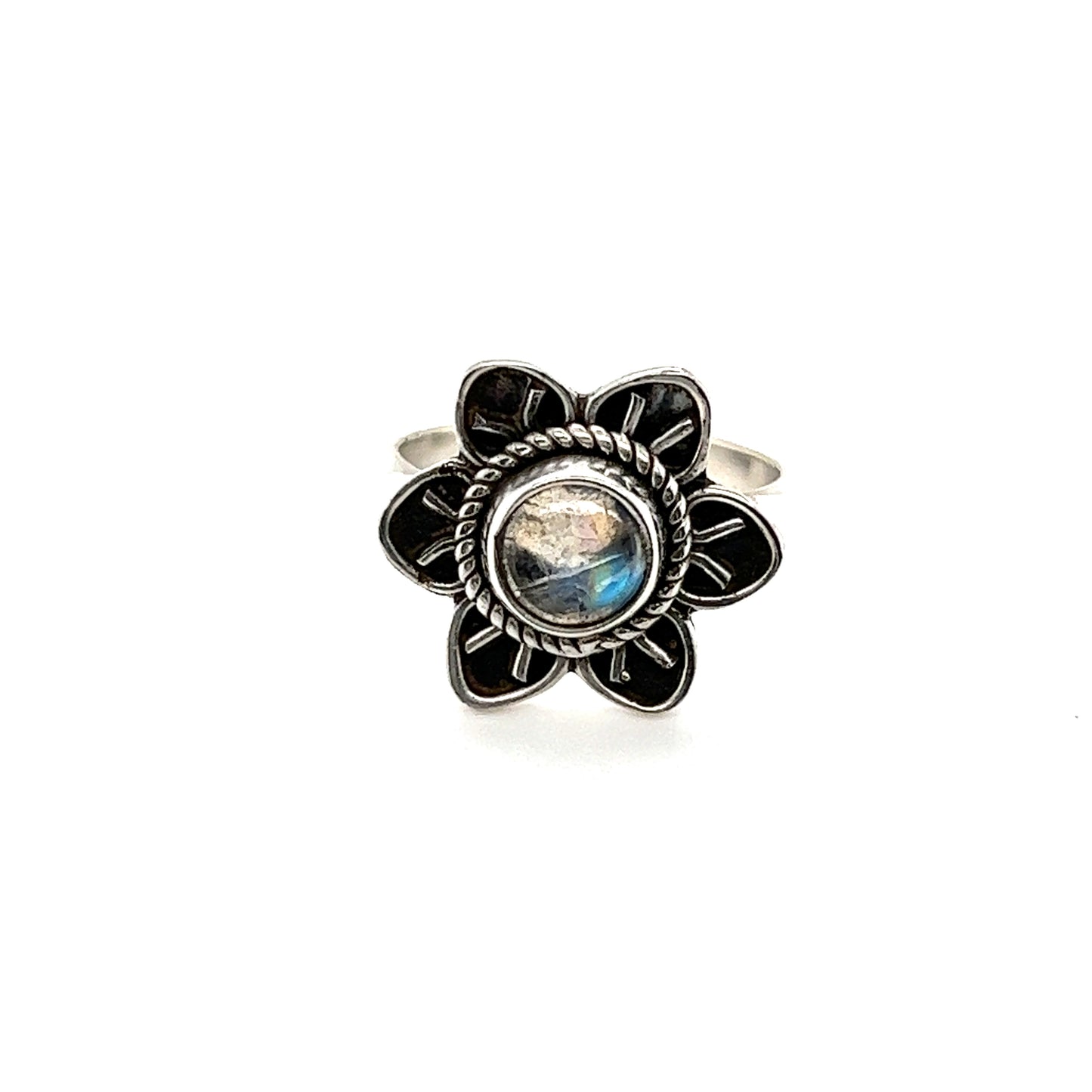 
                  
                    Enchanting Labradorite Flower Ring with Natural Gemstones in sterling silver.
                  
                