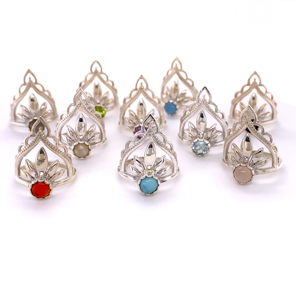 A set of Mandala Flower Crown Rings with Natural Gemstones, perfect for those with a boho style.