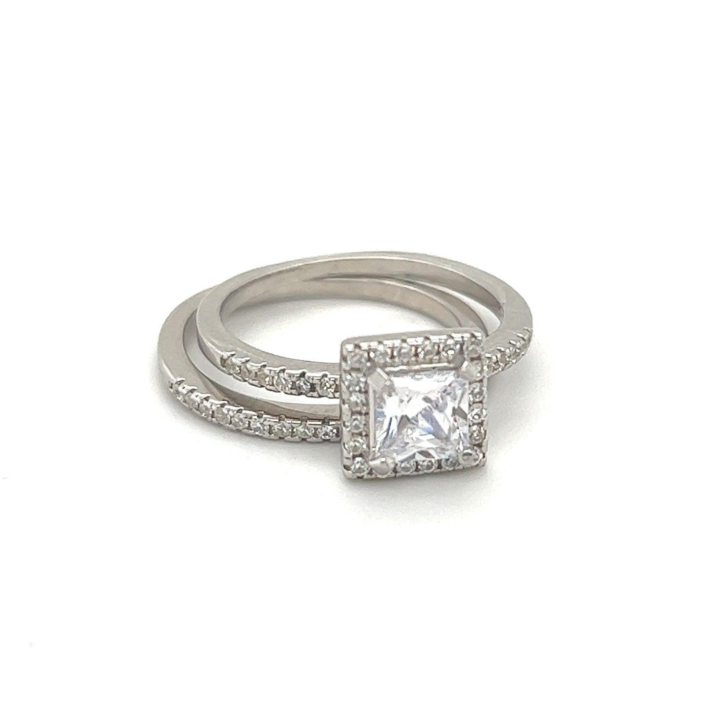 An elegant Princess Cut Cubic Zirconia Engagement Ring set in sterling silver.