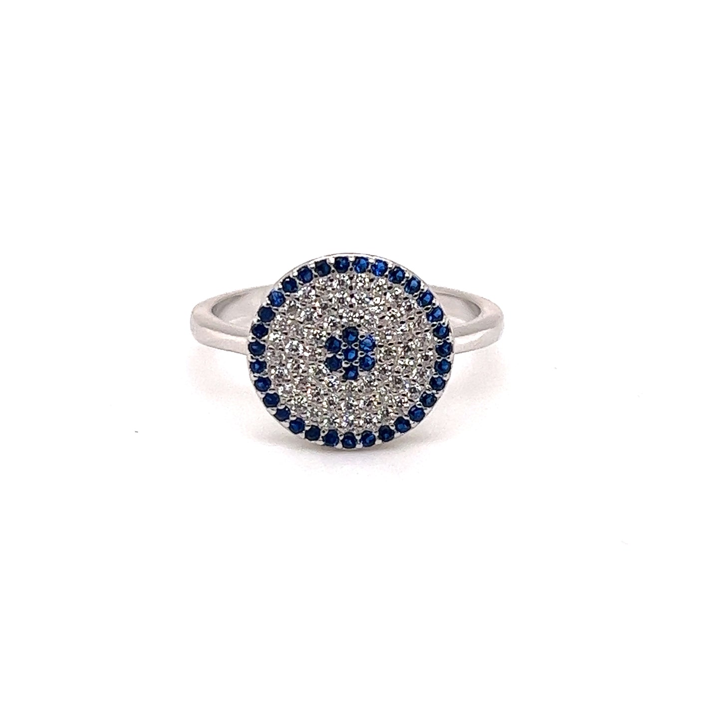 An elegant Cubic Zirconia Evil Eye Ring with blue and white cubic zirconia diamonds.