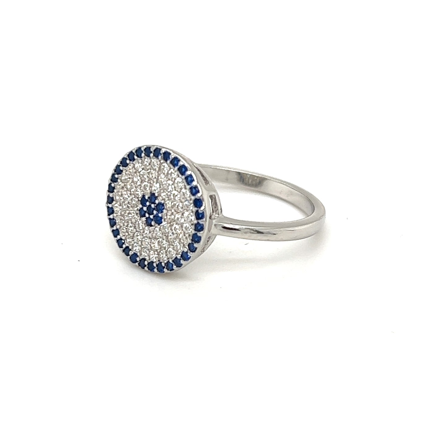 
                  
                    An elegant Cubic Zirconia Evil Eye Ring with blue and white diamonds.
                  
                