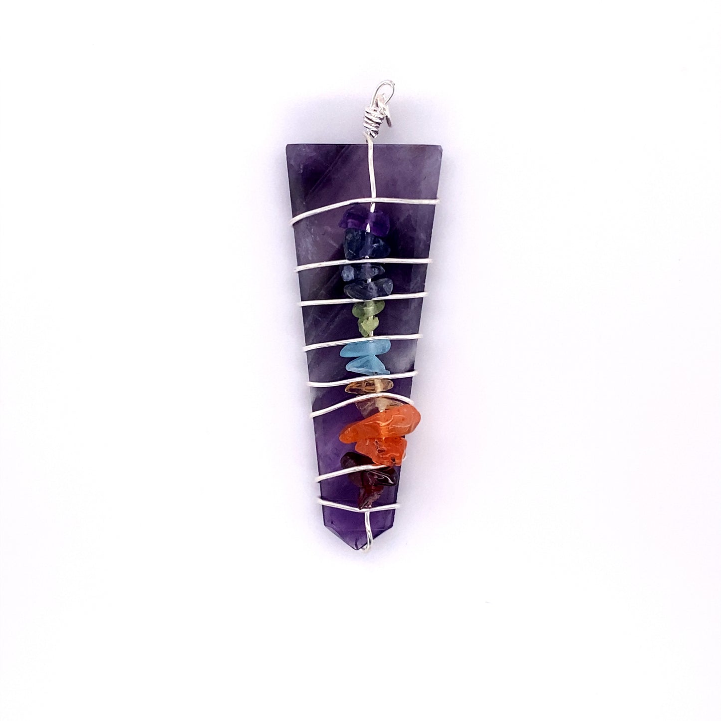 
                  
                    A necklace with a purple crystal pendant and a Super Silver Stone Slab Wire-Wrapped Chakra Pendant.
                  
                