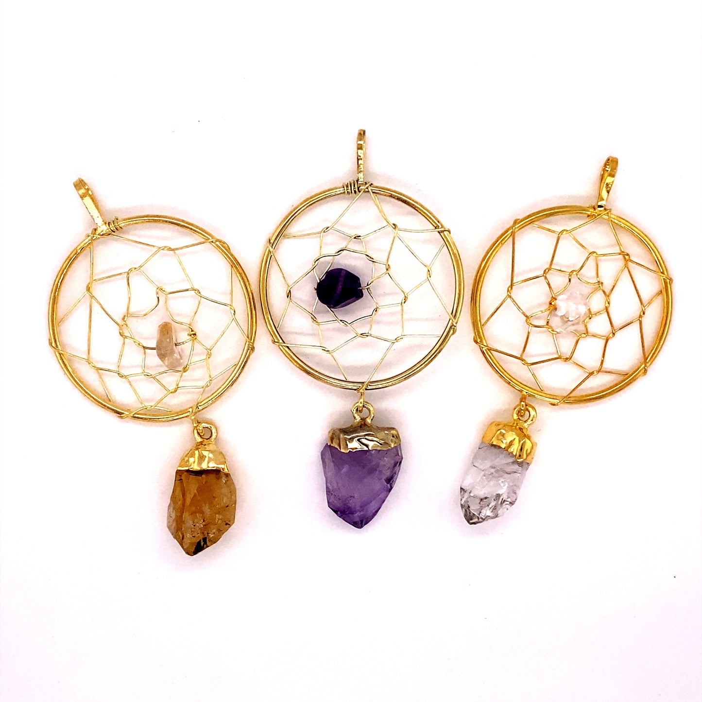 Three Gold Dreamcatcher Pendants with Gemstone Point drops by Super Silver.