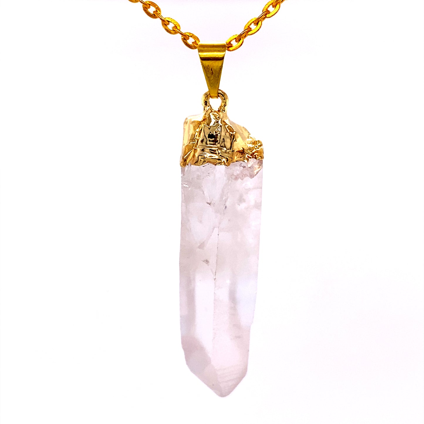 
                  
                    A Raw Crystal Pendant with Gold Cap from Super Silver, featuring a white quartz stone, on a gold chain.
                  
                