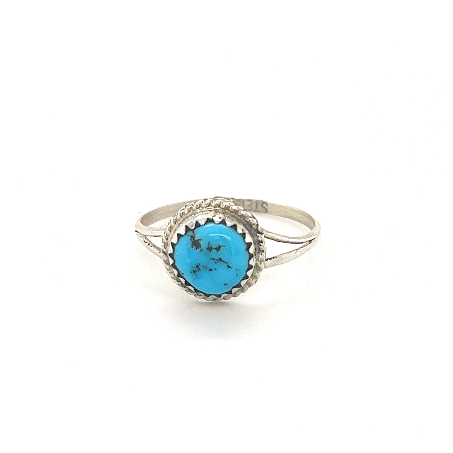 
                  
                    A native american Classic Round Handmade Turquoise Ring with a sterling silver band and a turquoise stone.
                  
                