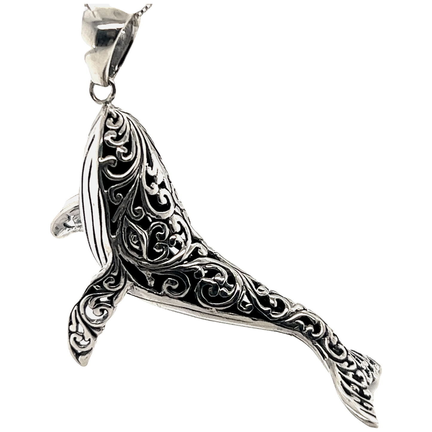 
                  
                    A Super Silver Magnificent Filigree Whale Pendant with an intricate ocean-inspired design.
                  
                