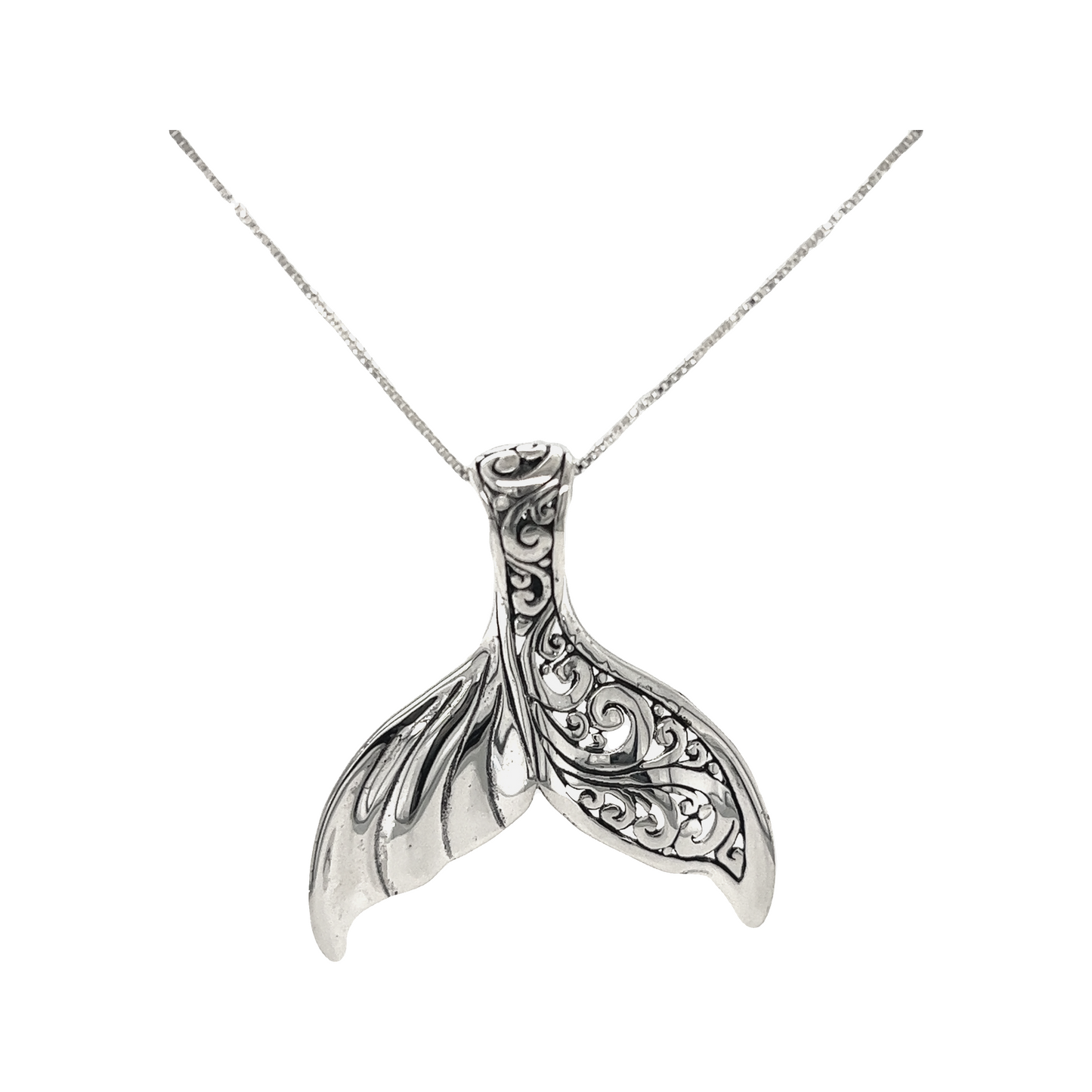 An Exceptional Half Filigree Whale Tail Pendant, perfect for ocean lovers in Santa Cruz. [Brand Name: Super Silver]