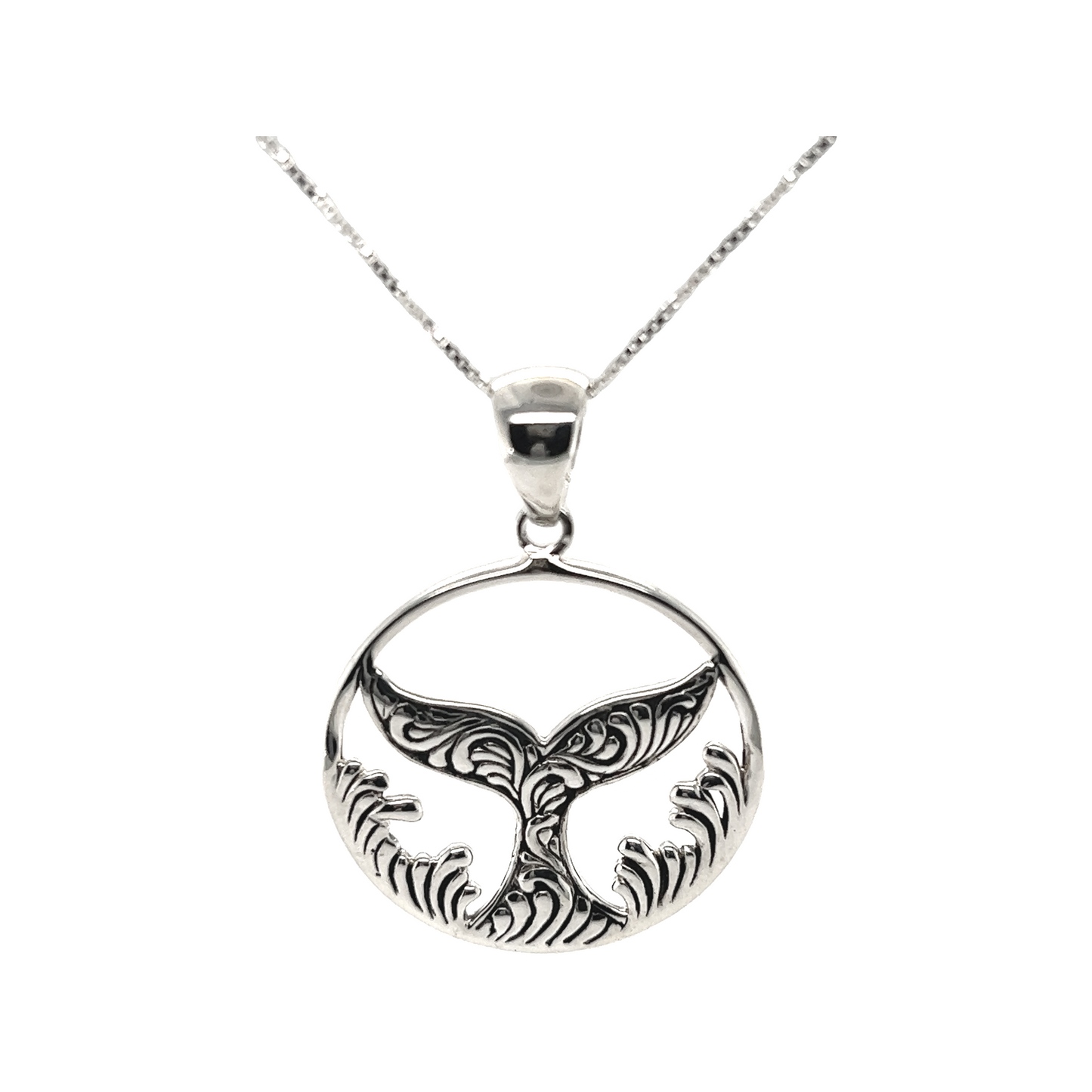 A Dazzling Circular Whale Tail pendant with a whale tail, inspired by the ocean, made by Super Silver.