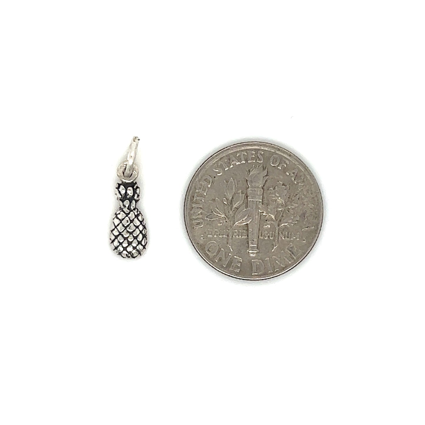 A Super Silver silver coin next to a Tiny Pineapple Charm.