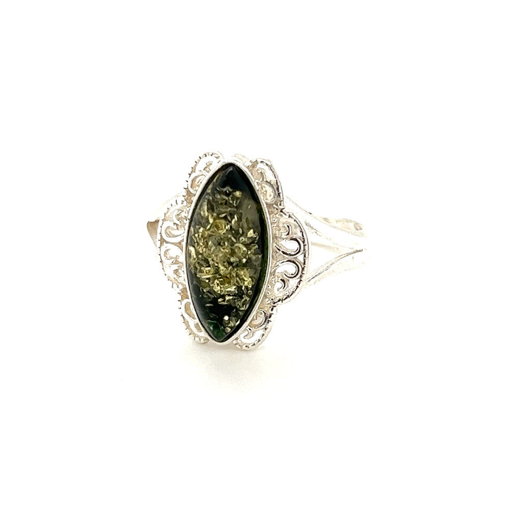 
                  
                    A Super Silver Filigree Marquise Shaped Amber Ring with an adjustable band and a green Baltic amber stone.
                  
                
