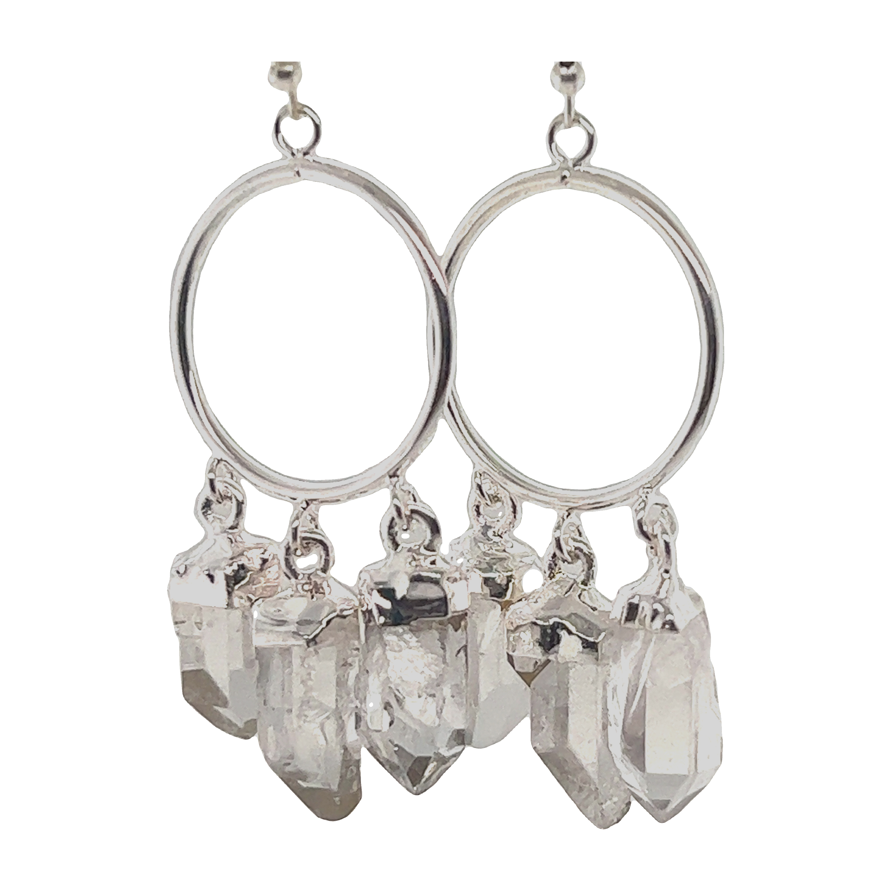A pair of Super Silver Boho Crystal Chandelier Earrings, adorned with clear crystals, perfect for adding a bohemian feel to any outfit.