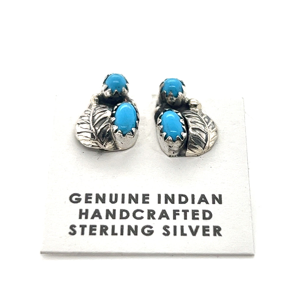 Super Silver's Handmade Turquoise Leaf Studs in boho style.