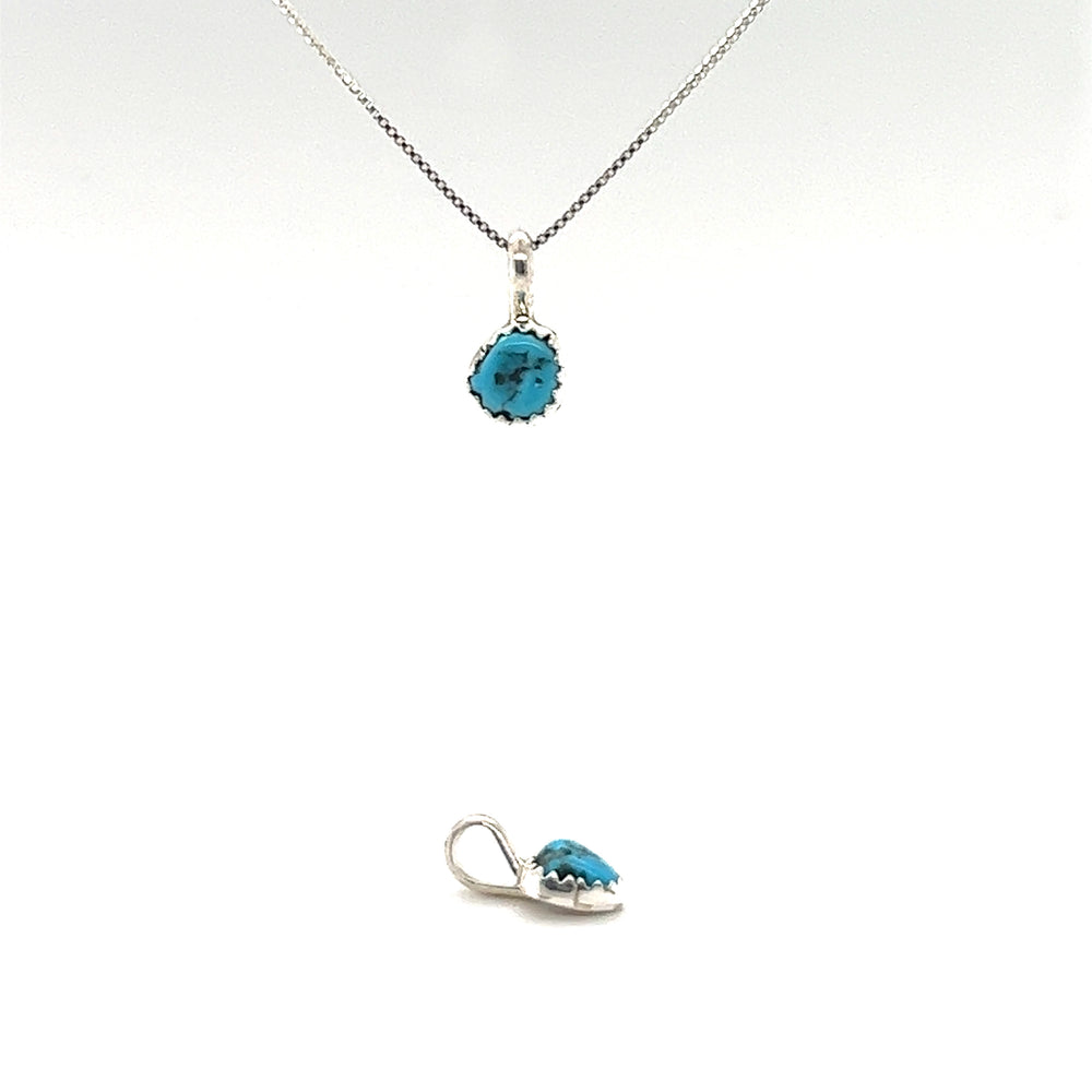 
                  
                    This Super Silver jewelry set consists of a necklace and earring pair, featuring the Teeny Tiny Native American Turquoise Nugget Pendant encased in a silver claw tooth frame.
                  
                