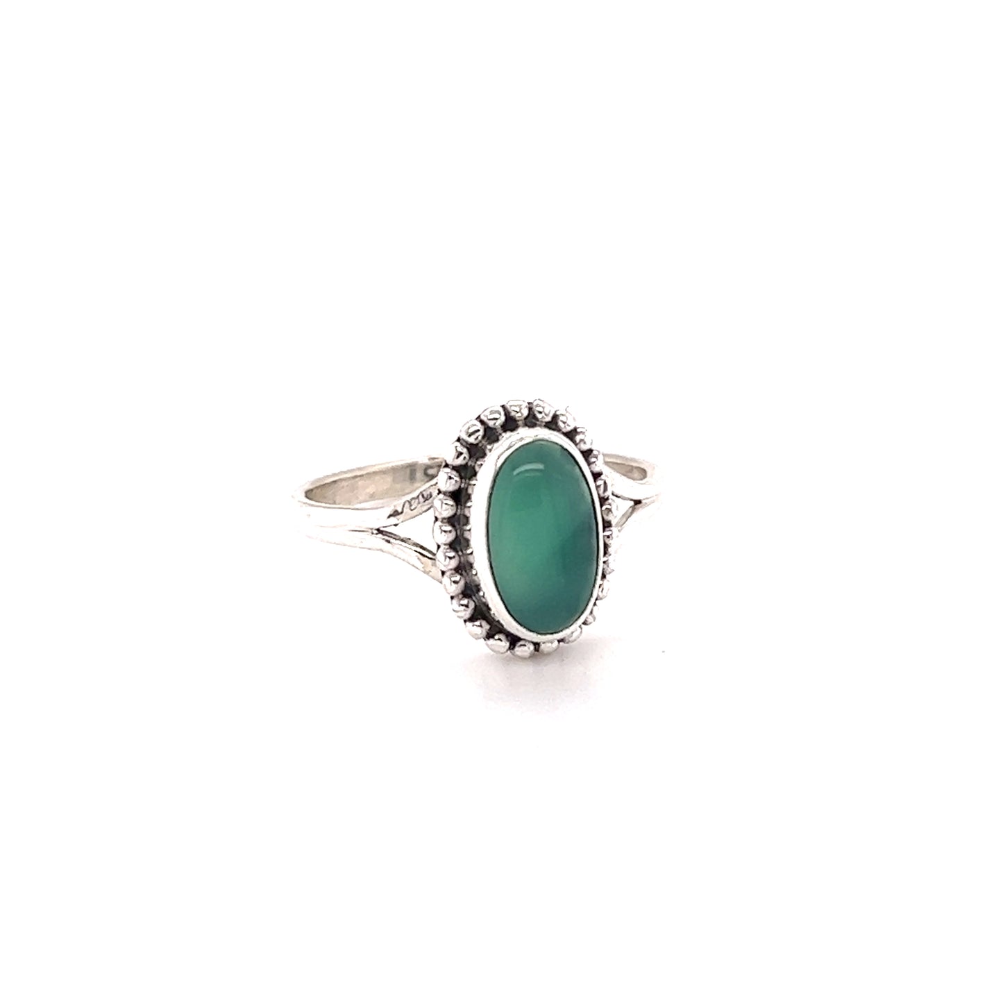 
                  
                    A silver ring with a Stylish Oval Gemstone Ring with Ball Border stone, perfect for hippies in Santa Cruz.
                  
                