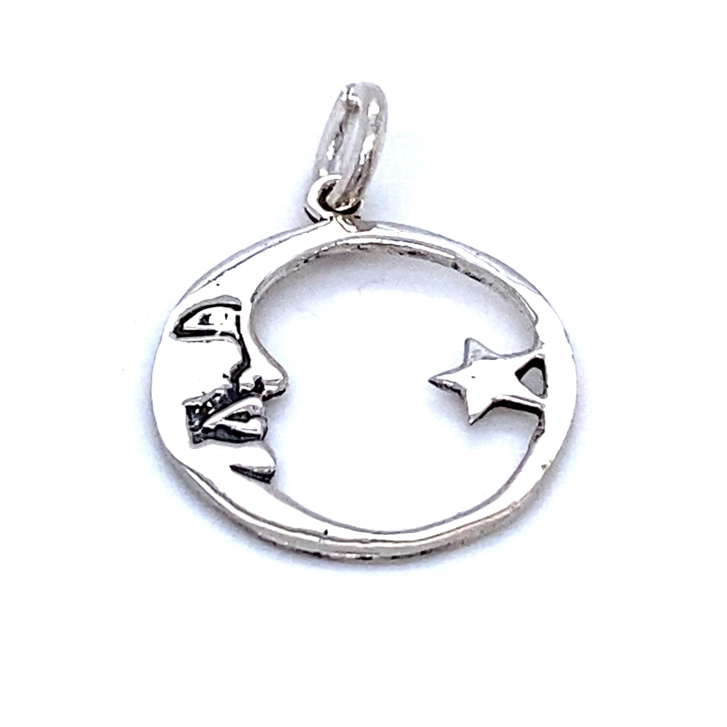 A Super Silver Crescent and Star Pendant featuring a moon and star design in silver.