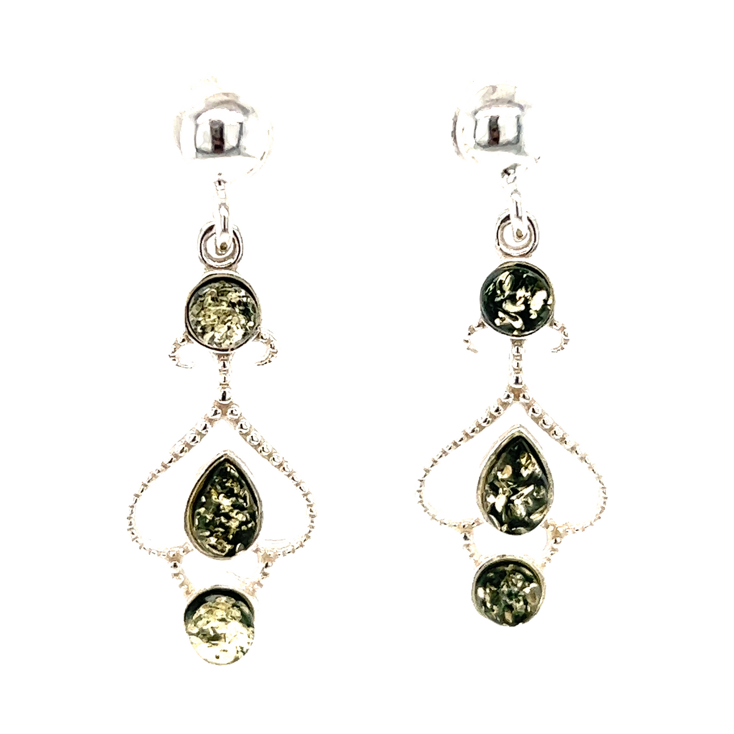 
                  
                    A pair of Super Silver Exquisite Baltic Amber Scroll Earrings with black and green stones.
                  
                