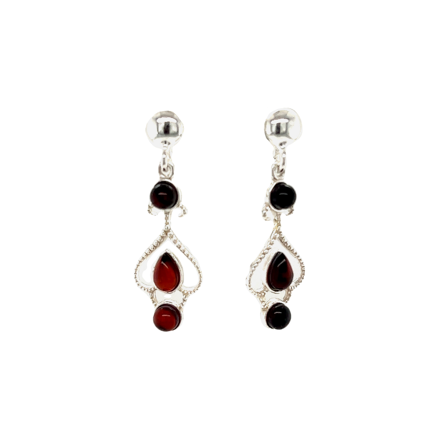 
                  
                    A pair of Exquisite Baltic Amber Scroll Earrings adorned with red and Baltic Amber stones by Super Silver.
                  
                