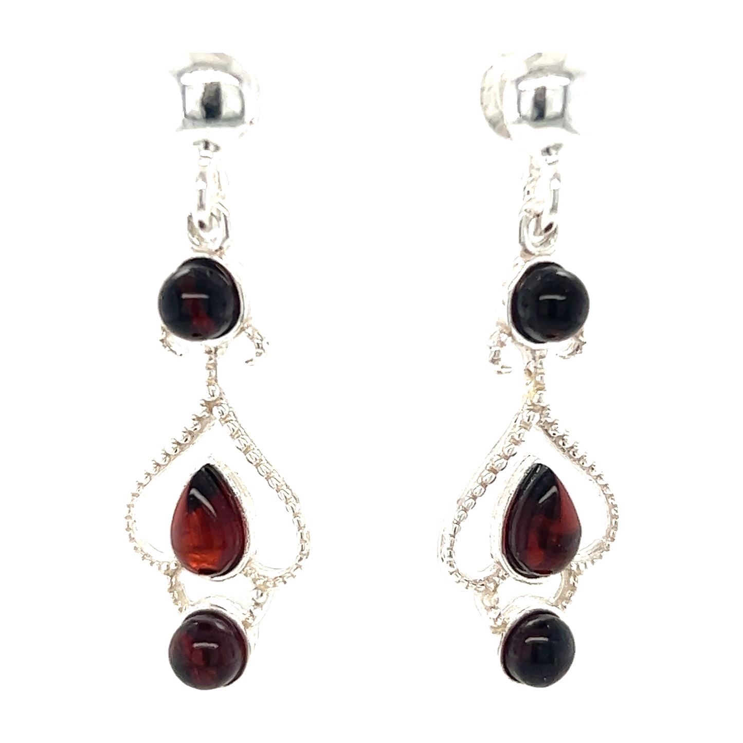
                  
                    A pair of Exquisite Baltic Amber Scroll Earrings with garnet stones from Super Silver.
                  
                