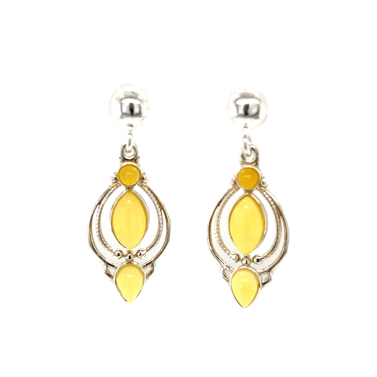 
                  
                    A pair of Super Silver Fancy Marquise Shaped Baltic Amber Earrings with Baltic amber accents, crafted in yellow and silver.
                  
                