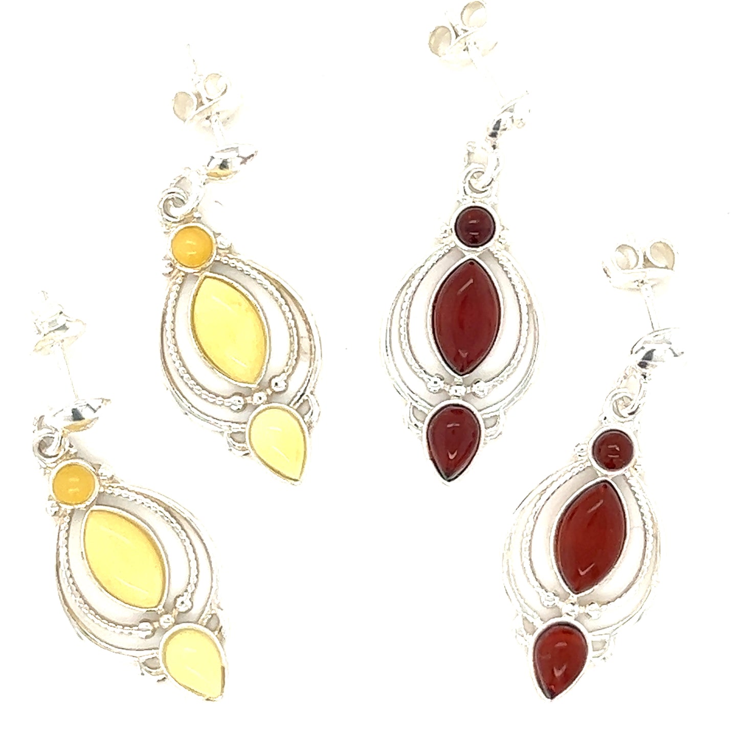A pair of Super Silver Fancy Marquise Shaped Baltic Amber Earrings with red and yellow stones, featuring Baltic amber accents.