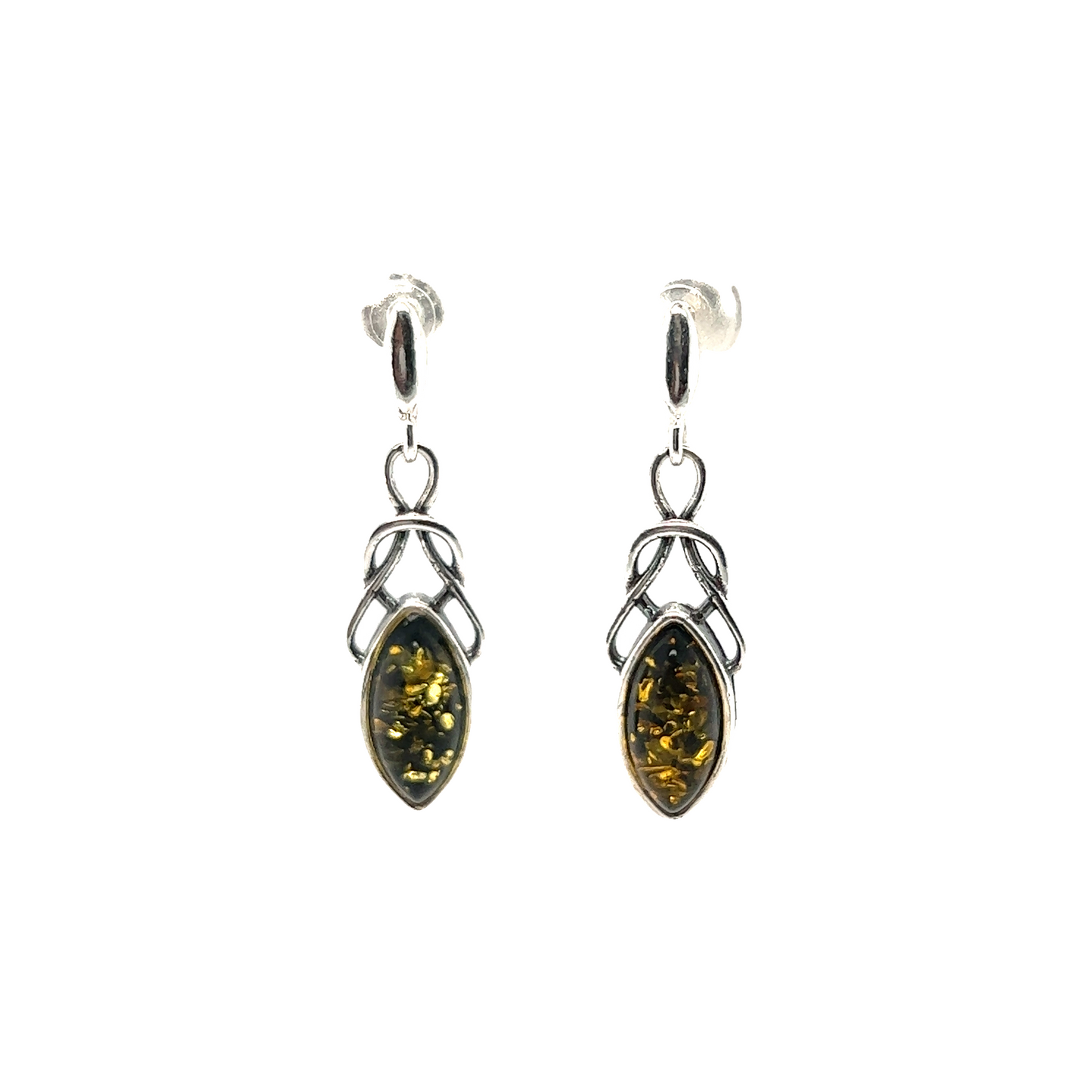 
                  
                    A pair of Timeless Marquis Shaped Baltic Amber earrings with black and yellow amber stones and Super Silver work.
                  
                