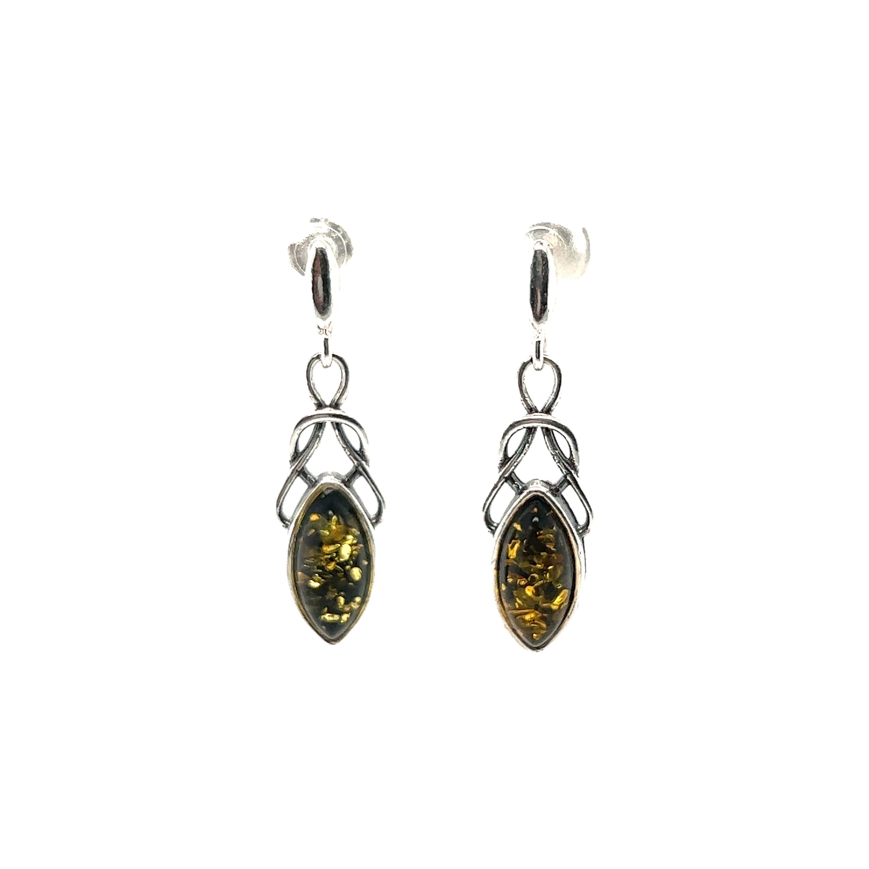 A pair of Timeless Marquis Shaped Baltic Amber earrings with black and yellow amber stones and Super Silver work.