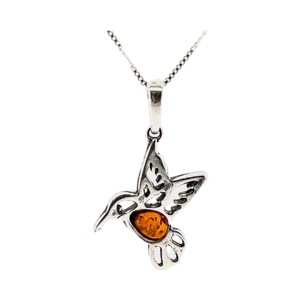 A Super Silver Amber Hummingbird Pendant with a beautifully colored baltic amber stone.