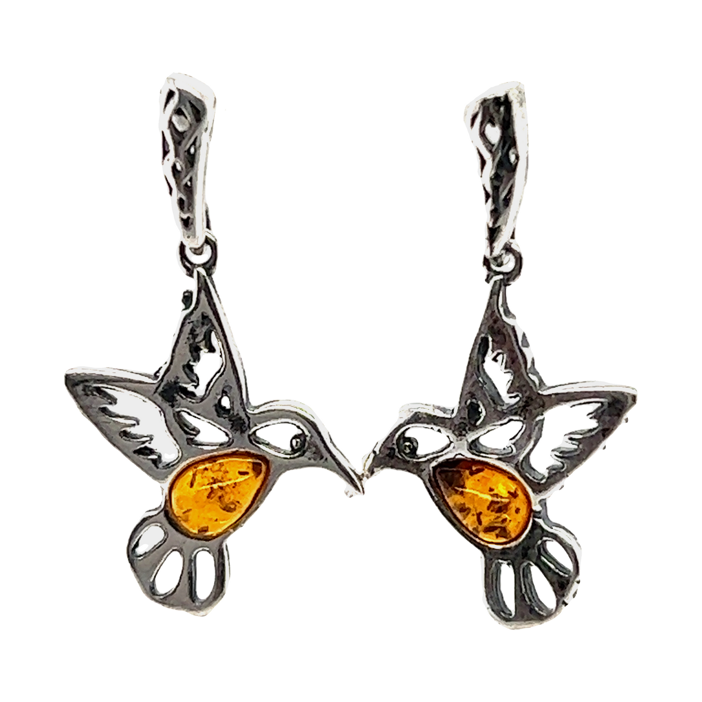 Super Silver Sterling silver Amber Hummingbird earrings in a dangle style.