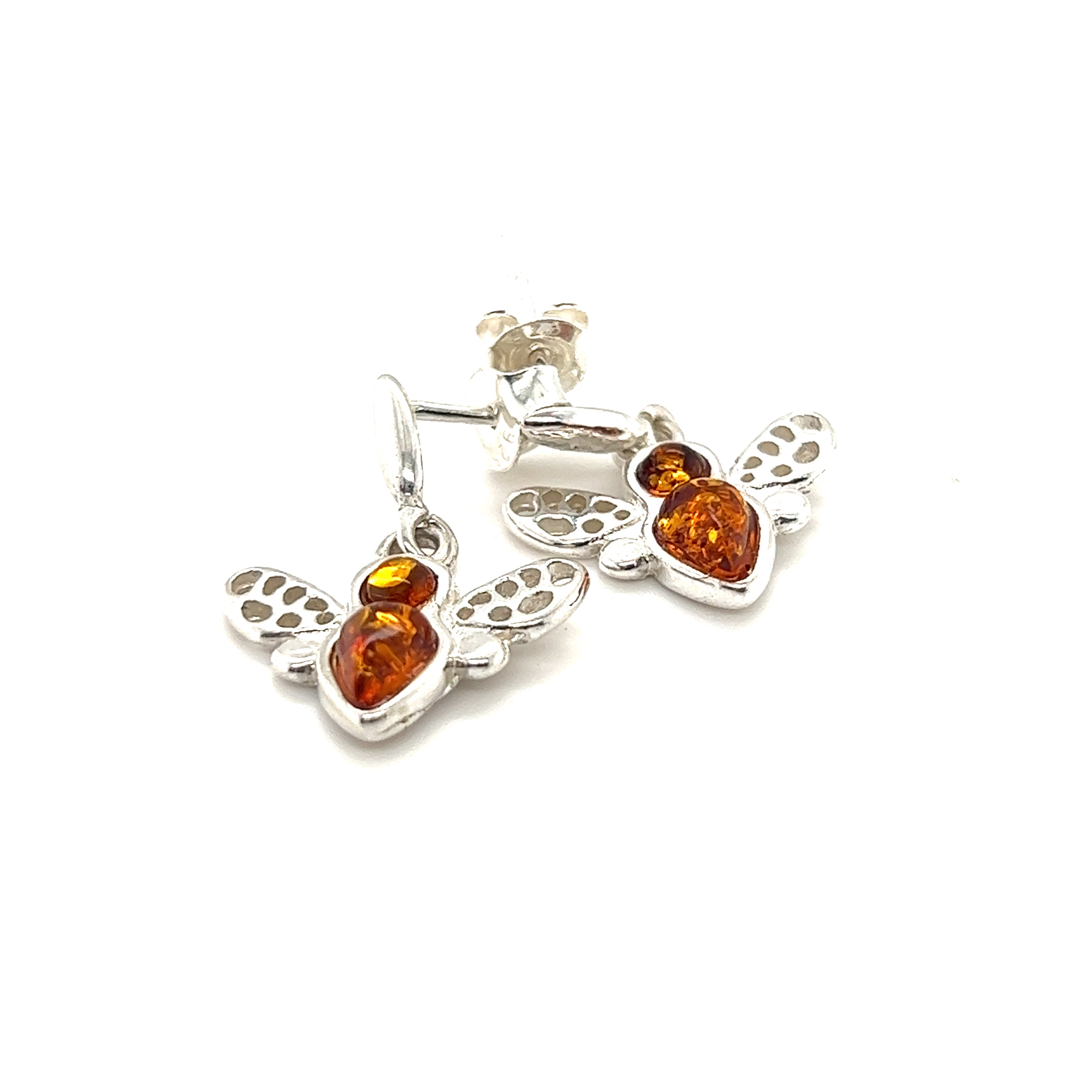A pair of exquisite Super Silver Cute Amber Bee Earrings adorned with stunning Baltic amber stones.