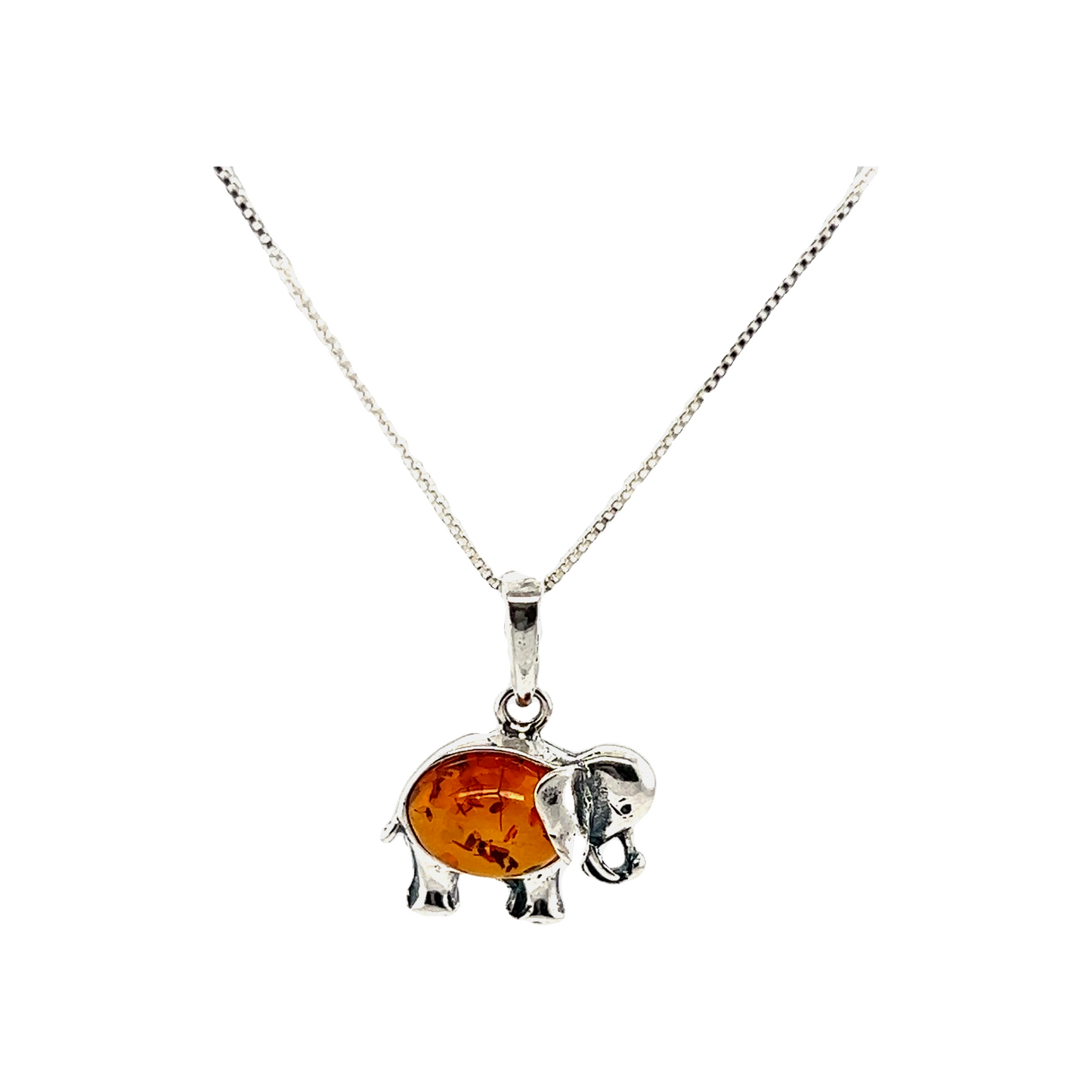 A Super Silver sterling silver necklace with a Dainty Amber Elephant Pendant.