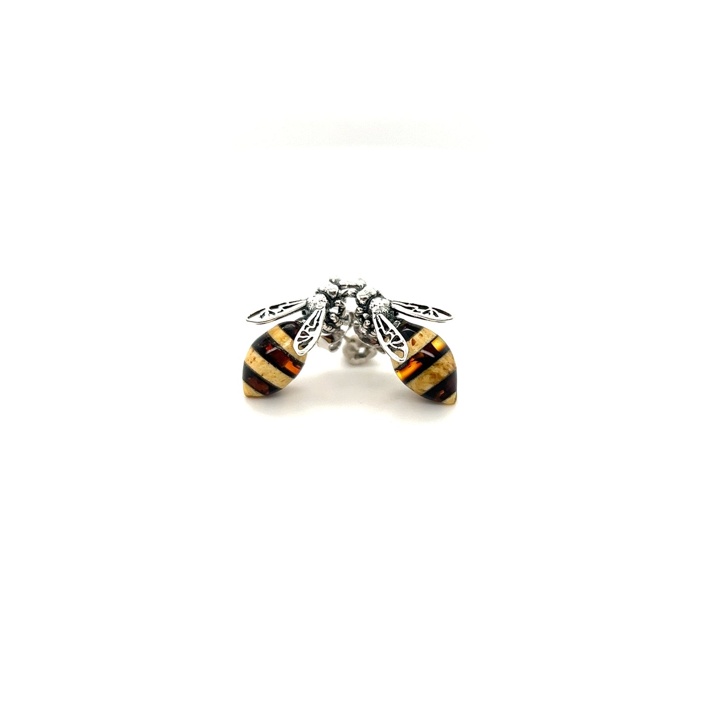 
                  
                    A pair of Super Silver Amber Yellow Jacket Stud Earrings with filigree wings on a white background.
                  
                