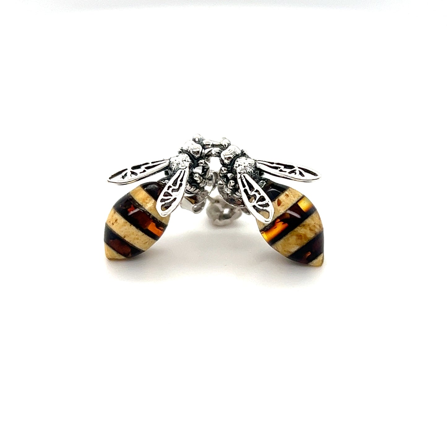 
                  
                    A pair of Super Silver Baltic Amber Yellow Jacket Stud Earrings with filigree wings on a white background.
                  
                