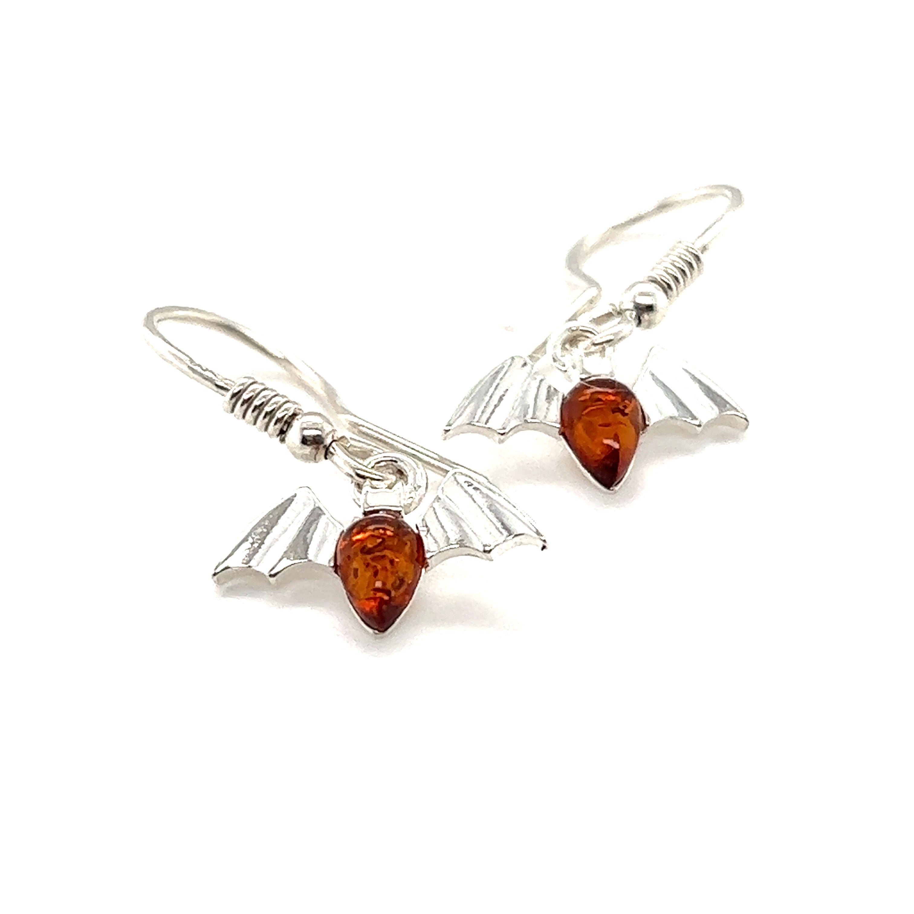 A pair of Enchanting Baltic Amber Bat Earrings with Super Silver.
