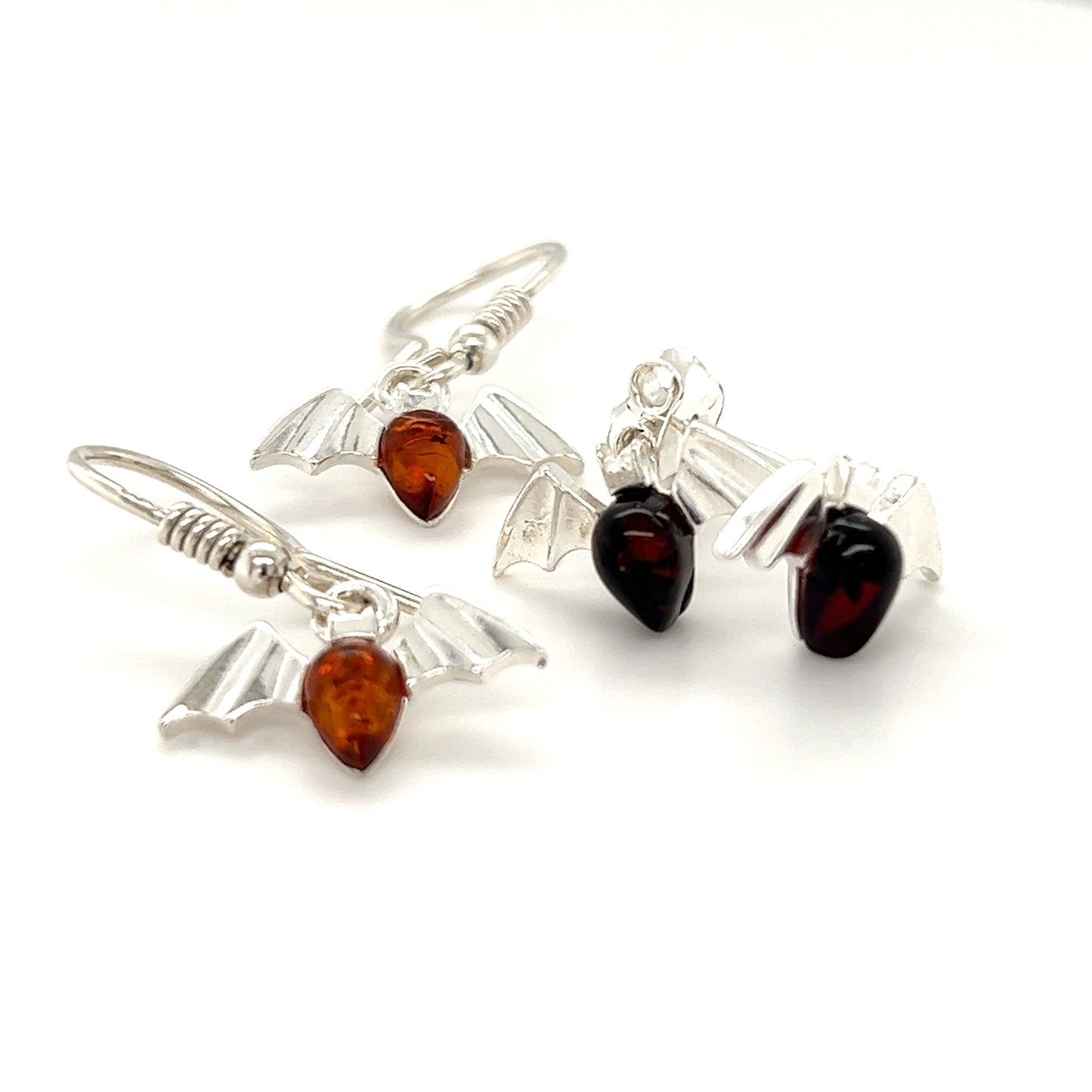 
                  
                    Enchanting Baltic Amber Bat Stud Earrings in cherry colors by Super Silver.
                  
                