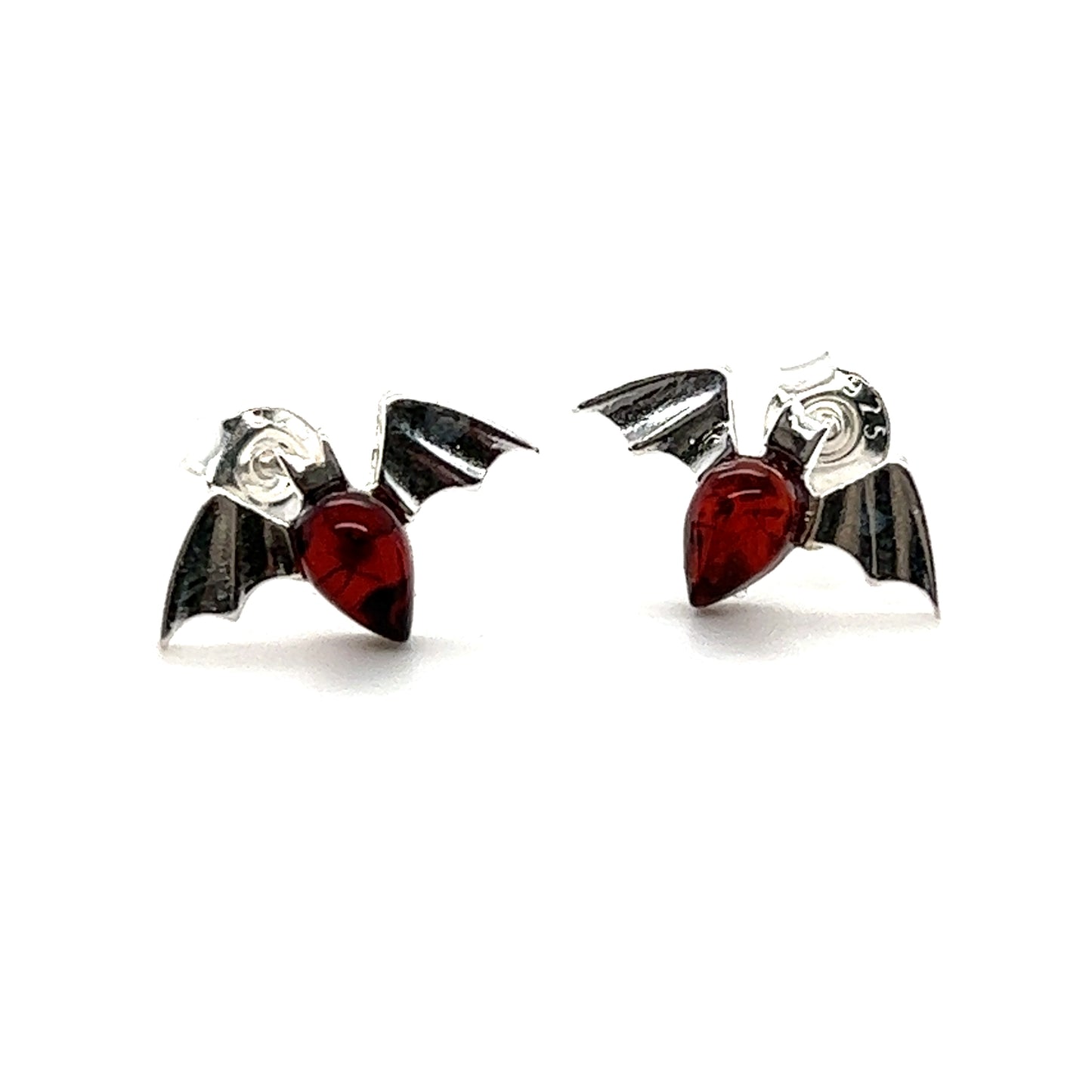 A pair of Enchanting Baltic Amber Bat Stud Earrings from Super Silver with red crystals in cherry colors.