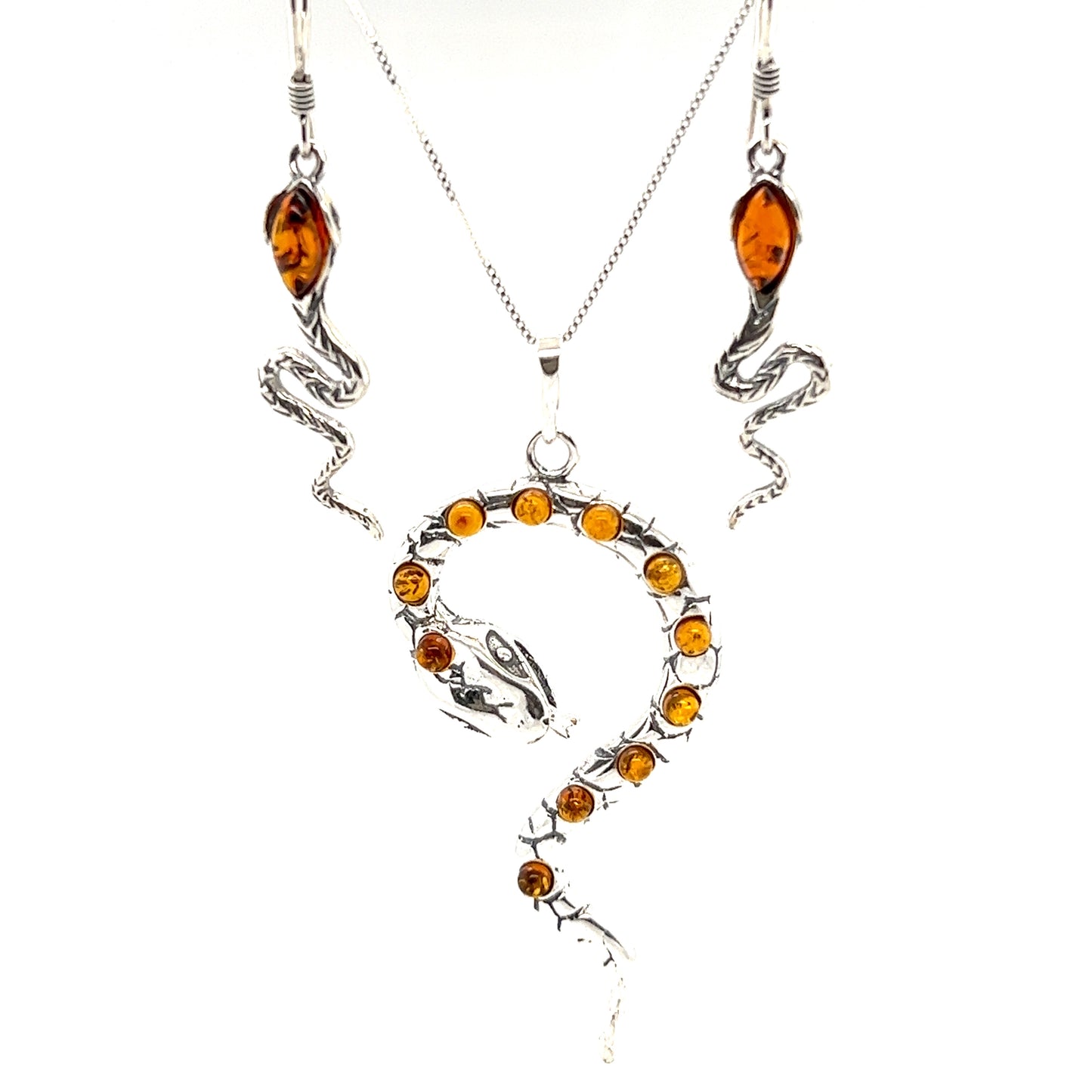 Mesmerizing Super Silver deep cognac amber necklace and earring set featuring a Large Amber Snake pendant.