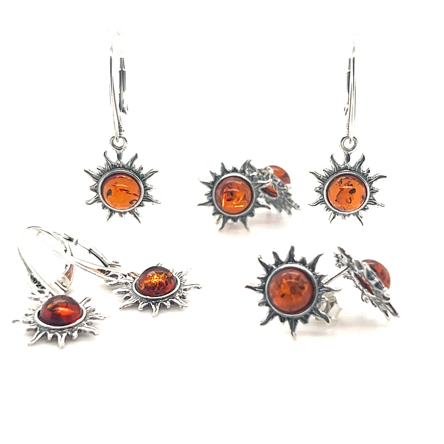
                  
                    A pair of Brilliant Baltic Amber Sun Earrings by Super Silver in a vintage style.
                  
                