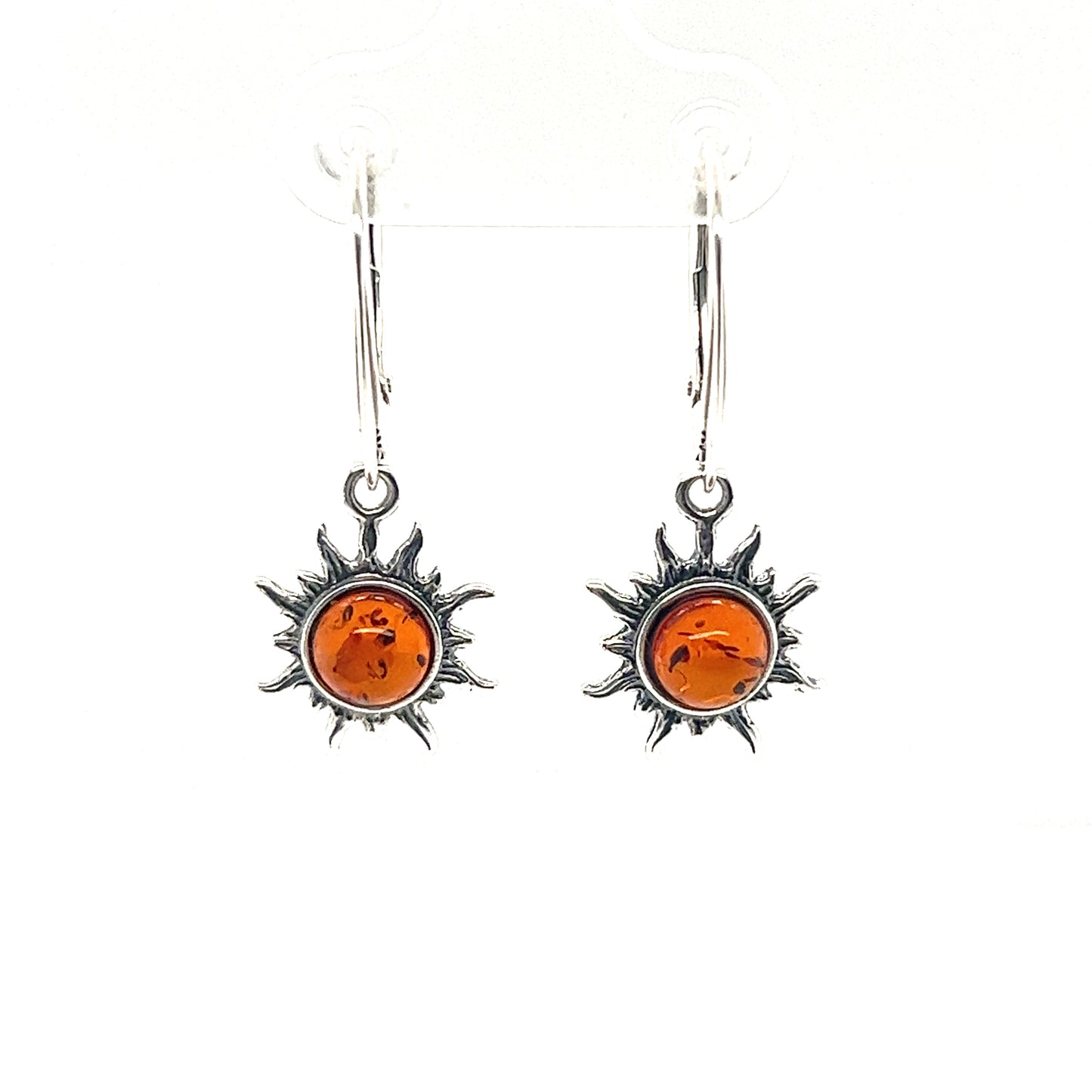 A pair of Brilliant Baltic Amber Sun Earrings featuring a Baltic amber sun, by Super Silver.