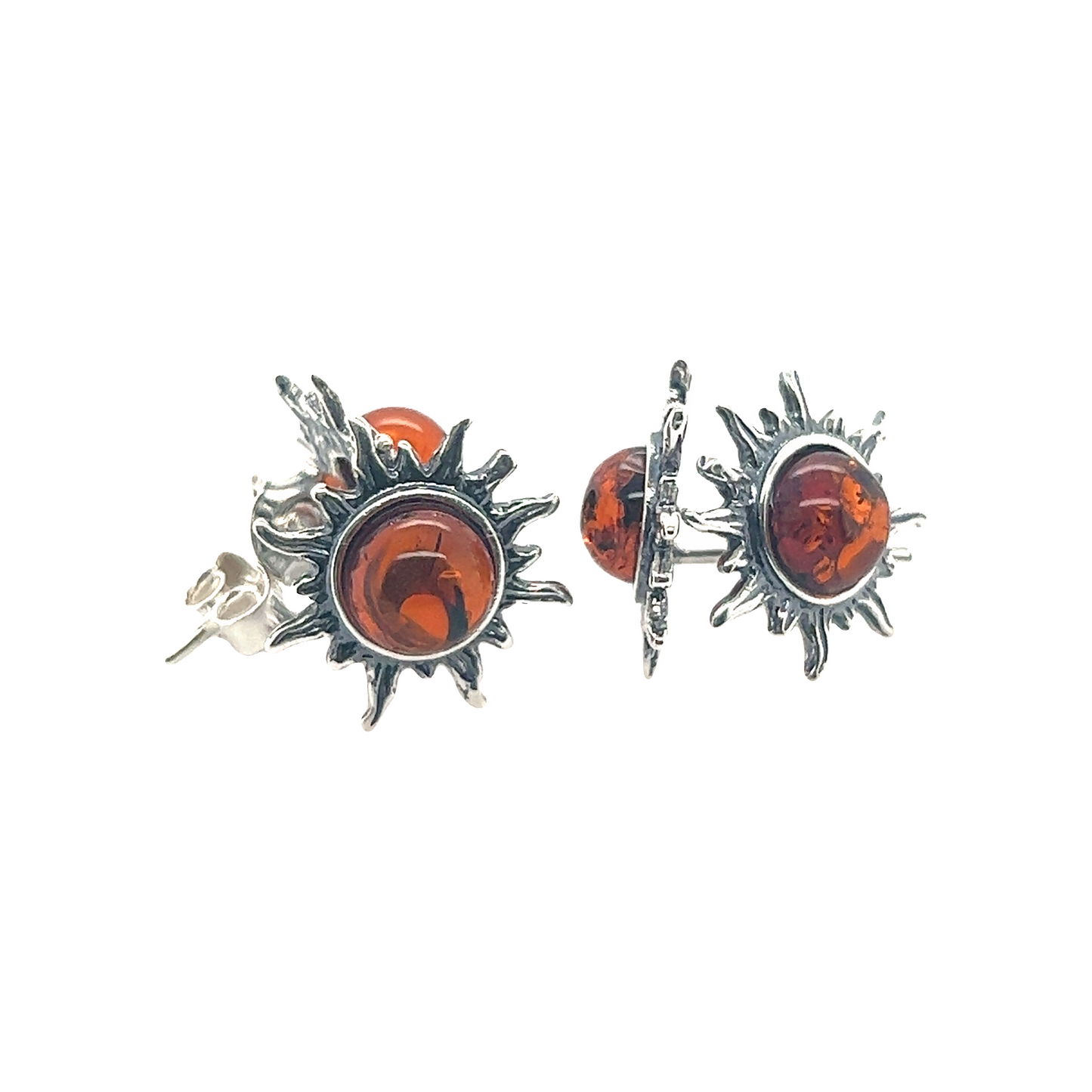 
                  
                    A pair of Super Silver Brilliant Amber Sun Stud Earrings on a white background.
                  
                