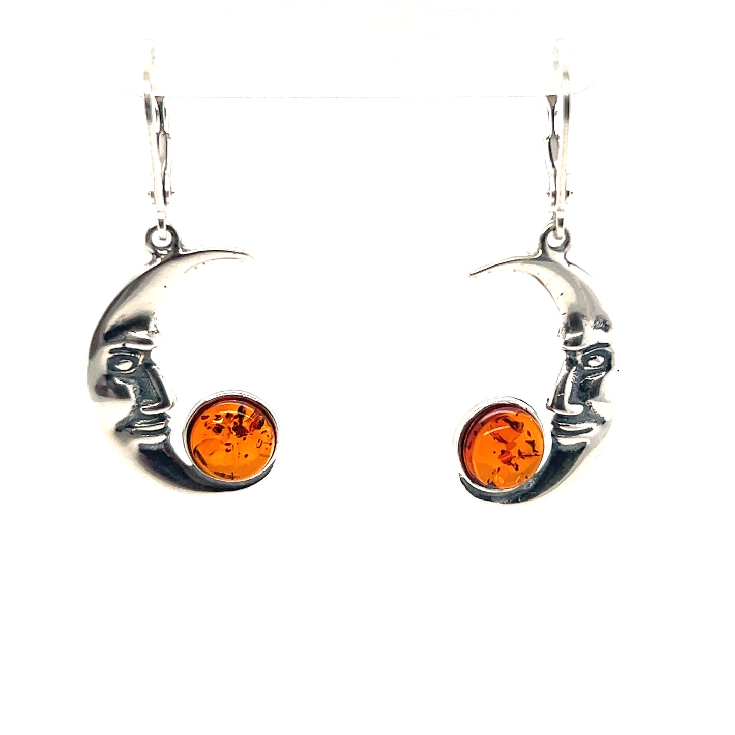 Beautiful Amber Man-in-the-Moon Earrings with a charming crescent moon design by Super Silver.