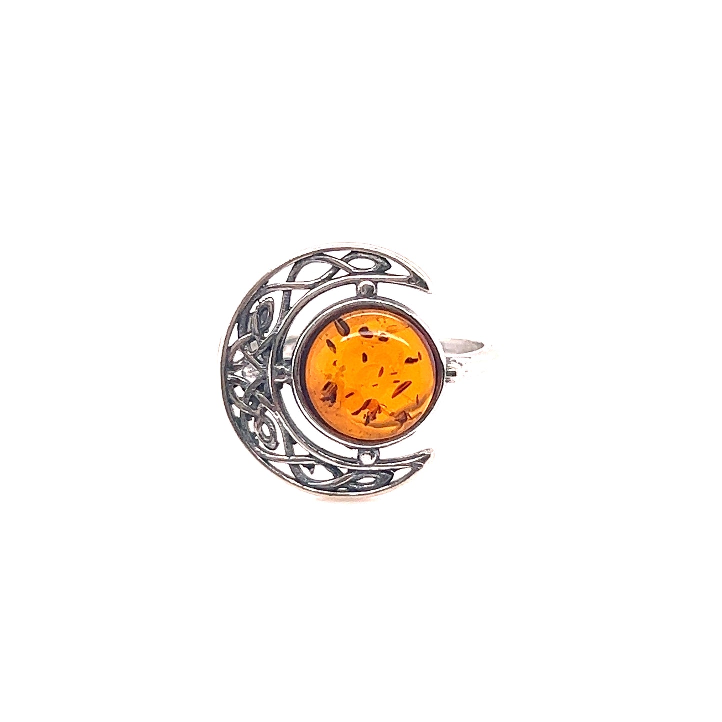 A Super Silver Celtic Amber Crescent Moon Ring with a crescent shaped Baltic amber stone.