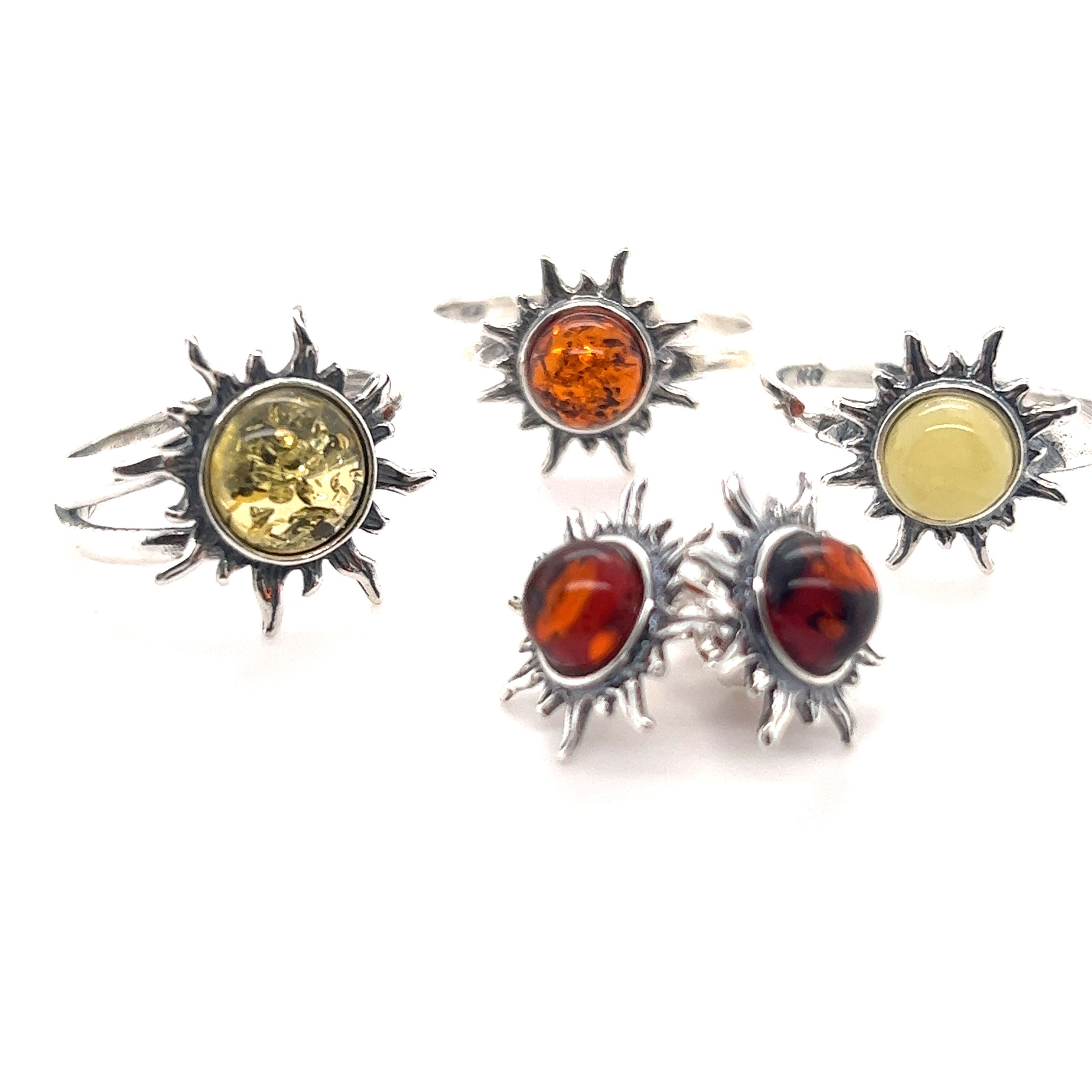 An exquisite collection of Super Silver's Brilliant Dainty Amber Sun Rings adorned with stunning amber stones. Perfect for those seeking a touch of elegance and a natural, timeless beauty in their accessories. These rings are meticulously crafted to accentuate.