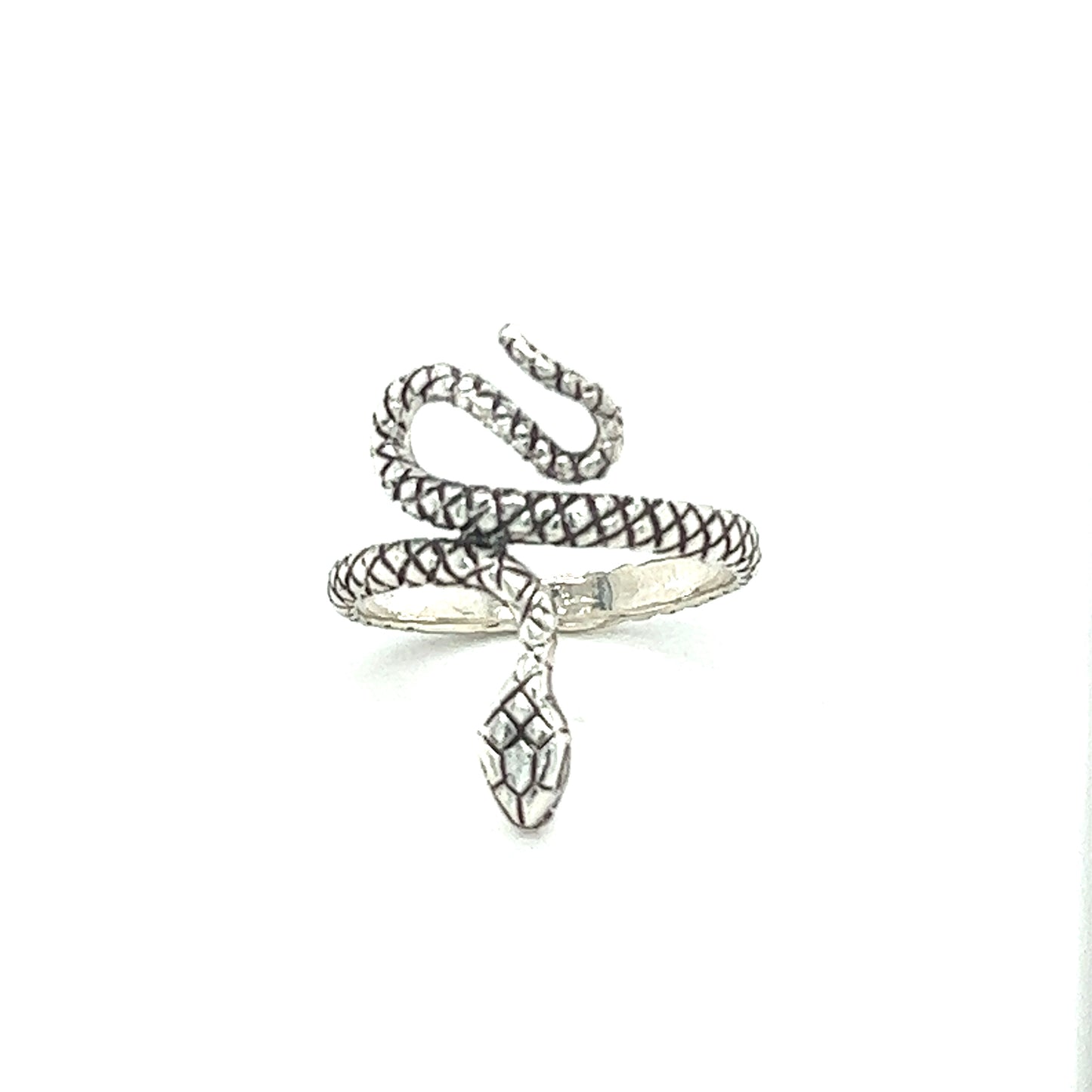 A Super Silver Textured Snake Ring exudes a primal energy against a clean white background.