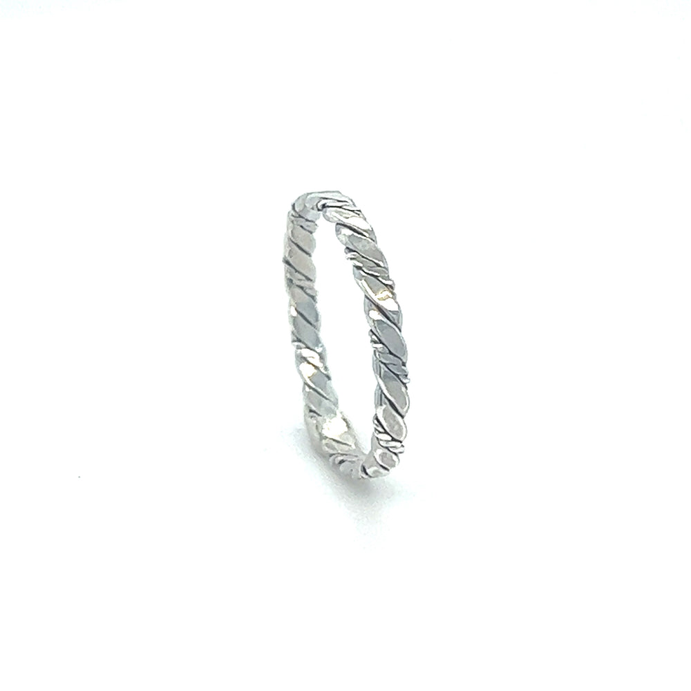 A Super Silver Dainty Twisted Rope Band Ring with a vintage vibe and a twisted pattern.