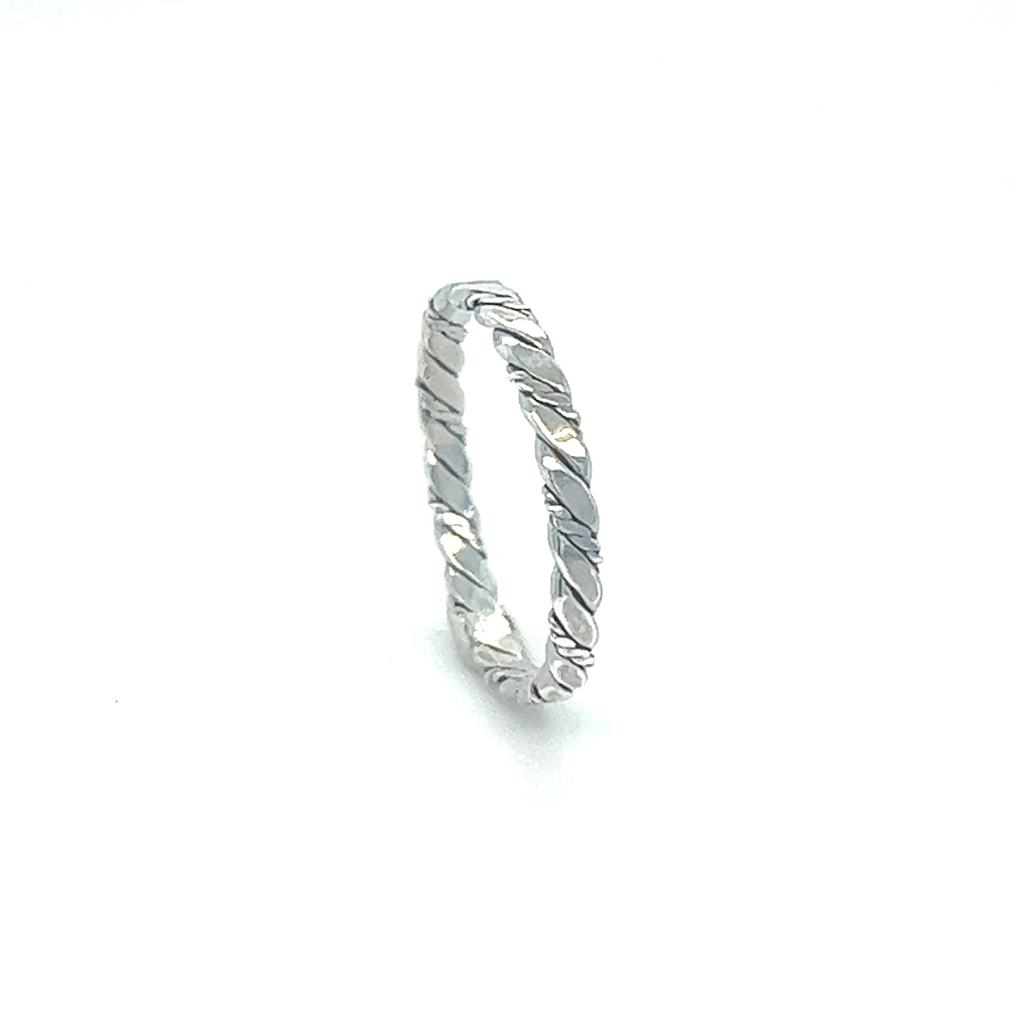 
                  
                    A Super Silver Dainty Twisted Rope Band Ring with a vintage vibe and a twisted pattern.
                  
                