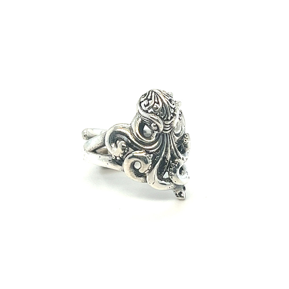 An adjustable Intricate Filigree Designer Octopus Ring with an ornate octopus design featuring tentacle motifs.